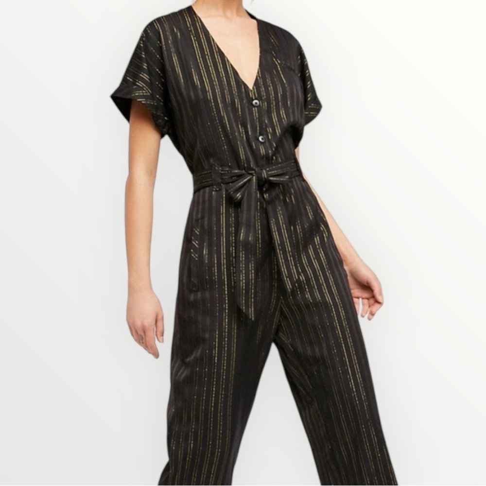 Free People Black Lurex Gold Metallic Pinstripe Short Sleeve Cropped Jumper